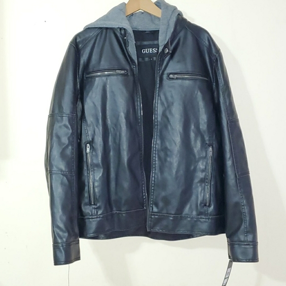 Guess Other - GUESS Mens faux leather hooded moto Jacket